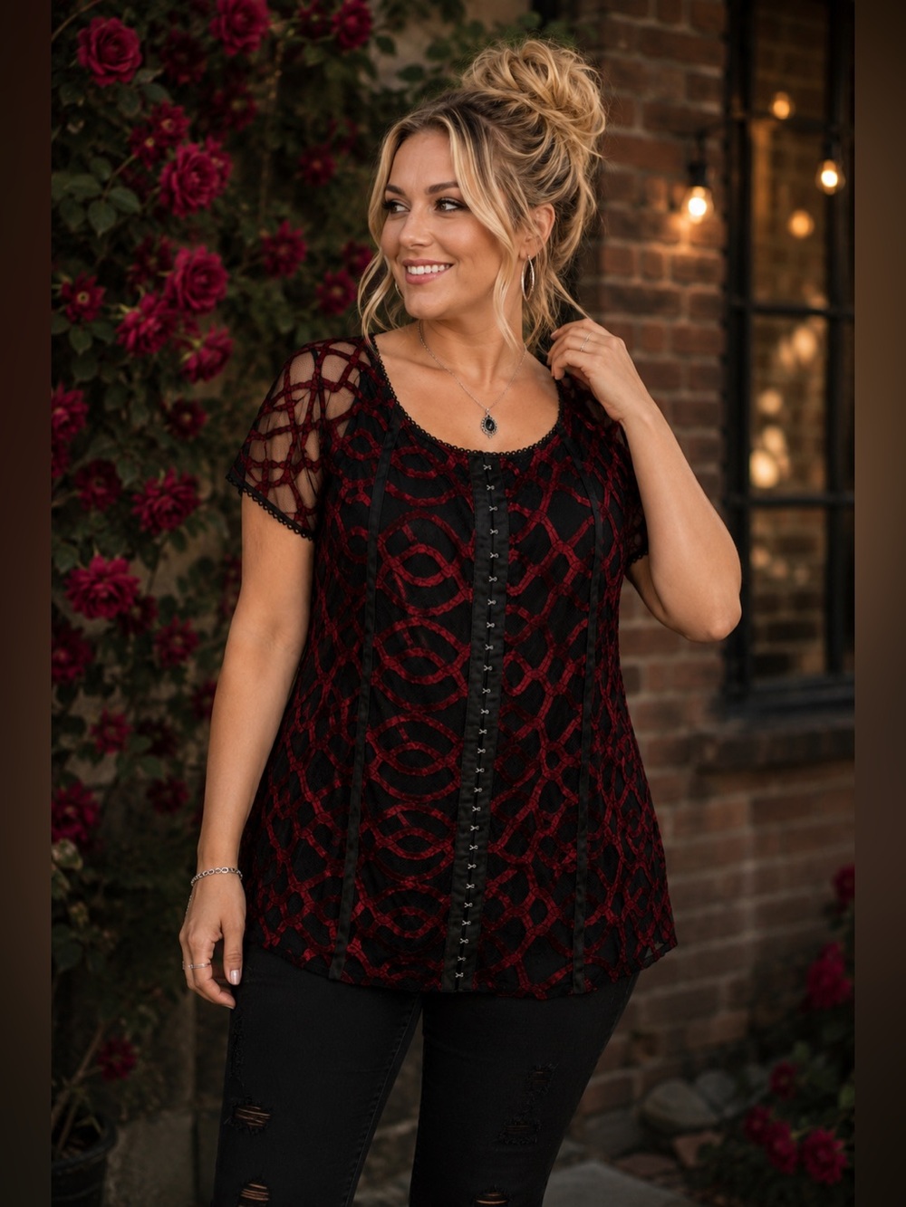 Avenue Plus Red Black Lace Corset Detail Top 14/16 | Romantic Evening Blouse